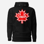 Front of Canada black unisex premium hoodie by Team Canada showing large red & white Maple Leaf print across chest.
