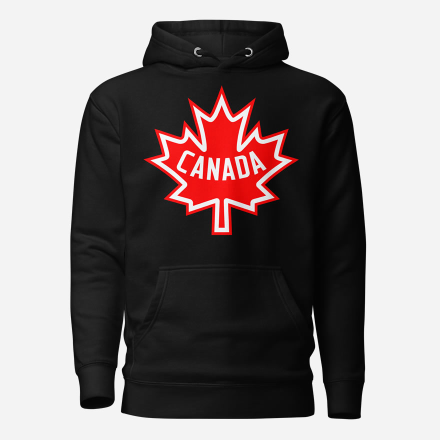 Front of Canada black unisex premium hoodie by Team Canada showing large red & white Maple Leaf print across chest.