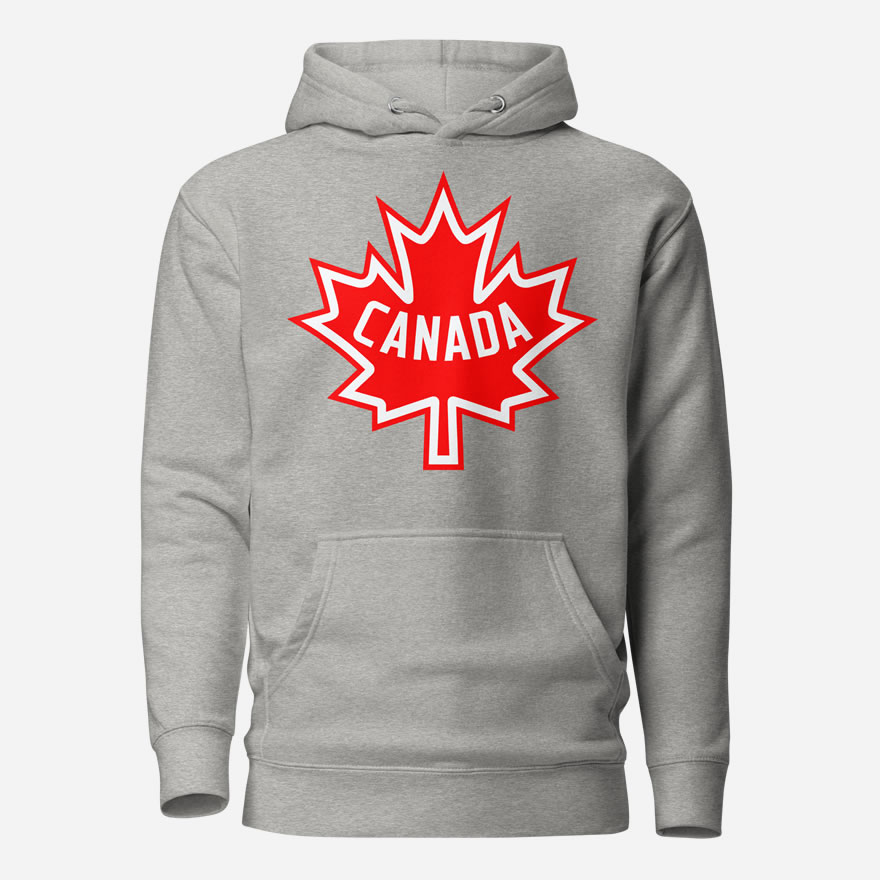 Front of Canada Flag carbon grey unisex premium hoodie by Team Canada showing large red & white Maple Leaf print across chest.