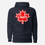 Front of Canada navy blazer unisex premium hoodie by Team Canada showing large red & white Maple Leaf print across chest.