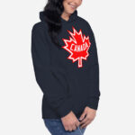 Front of Canada navy blazer unisex premium hoodie by Team Canada on female model showing large red & white Maple Leaf print across chest.