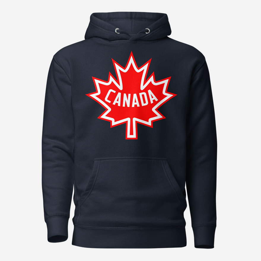 Front of Canada navy blazer unisex premium hoodie by Team Canada showing large red & white Maple Leaf print across chest.