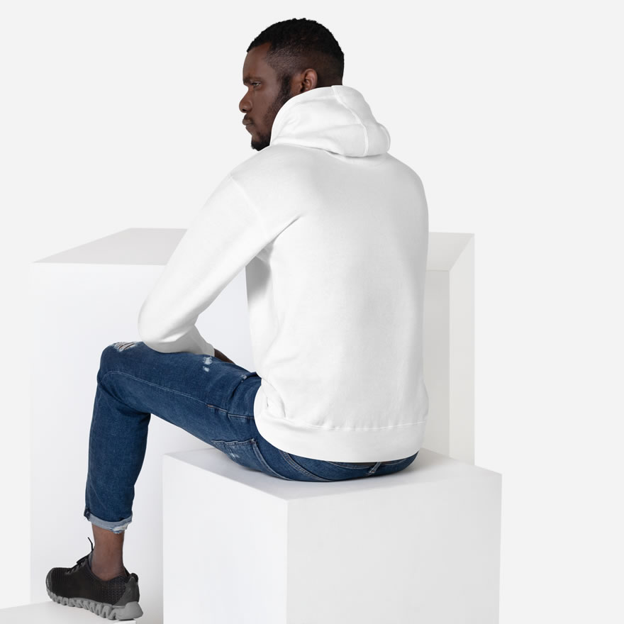All white back of Canada Maple Leaf unisex premium hoodie by Team Canada on male model.