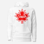 Front of Canada white unisex premium hoodie by Team Canada showing large red & white Maple Leaf print across chest.
