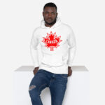 Front of Canada white unisex premium hoodie by Team Canada on male model showing large red & white Maple Leaf print across chest.