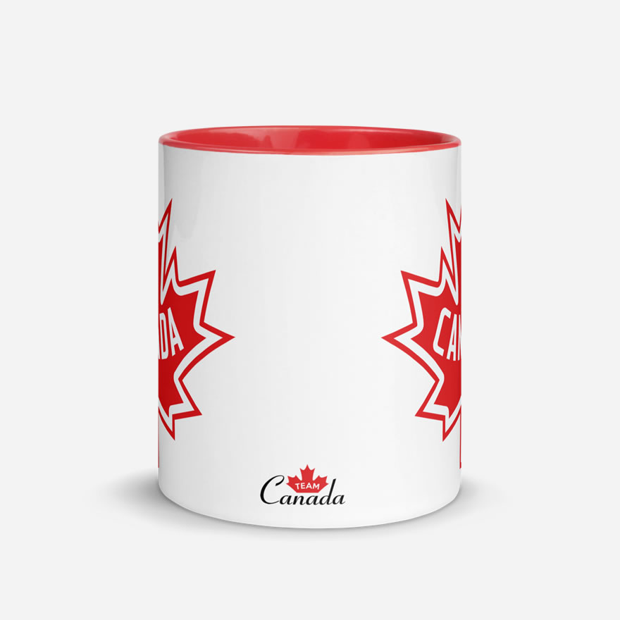 Canada Maple Leaf white ceramic 11oz mug with red inside front view showing small design saying 'Team Canada' at bottom.