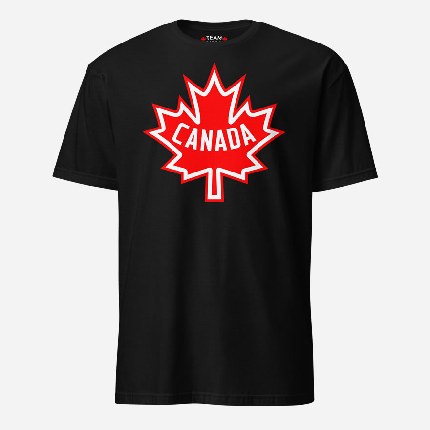 Front of Canada black unisex basic softstyle t-shirt by Team Canada with large red & white Maple Leaf print across chest.