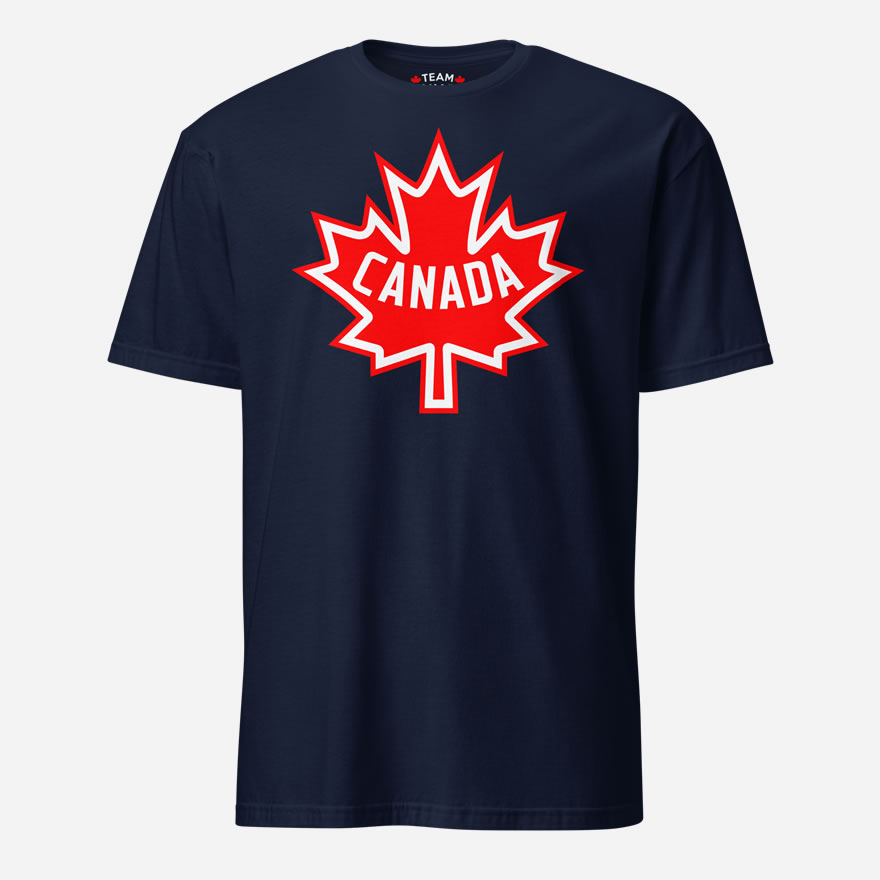 Front of Canada navy unisex basic softstyle t-shirt by Team Canada with large red & white Maple Leaf print across chest.