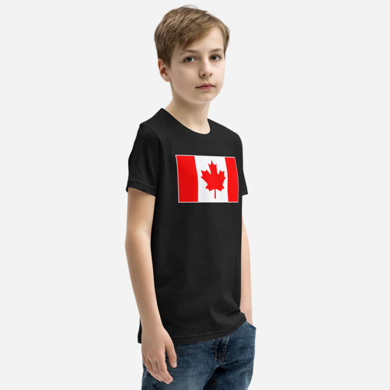 Front of Canada Flag black unisex youth staple t-shirt on boy model showing large Canadian flag print.