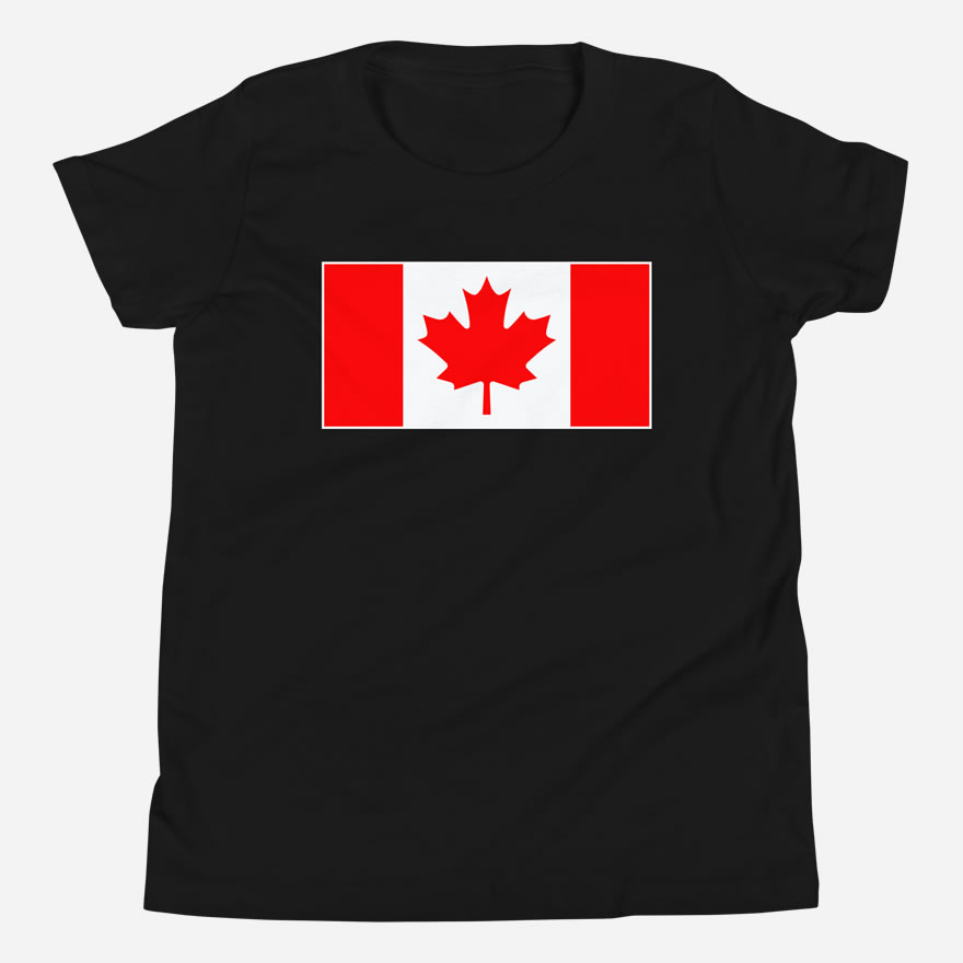 Front of Canada Flag black unisex youth staple t-shirt by Team Canada showing large Canadian flag print.