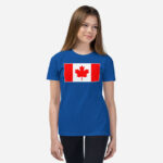 Front of Canada Flag true royal unisex youth staple t-shirt on girl model showing large Canadian flag print.