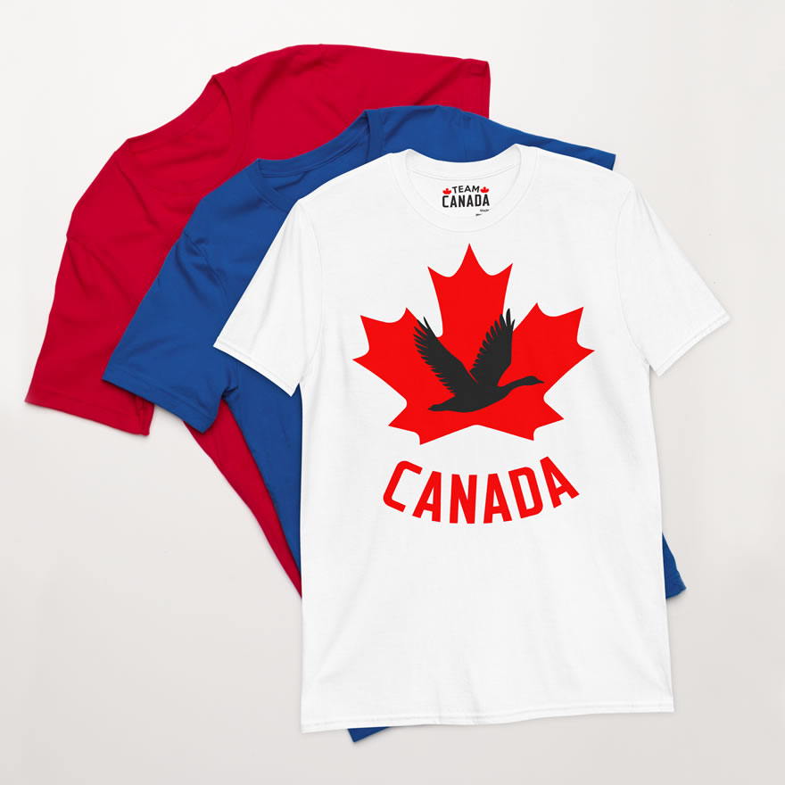 Front of Canada Goose white unisex t-shirt laying flat showing maple leaf & goose print with Canada written below.