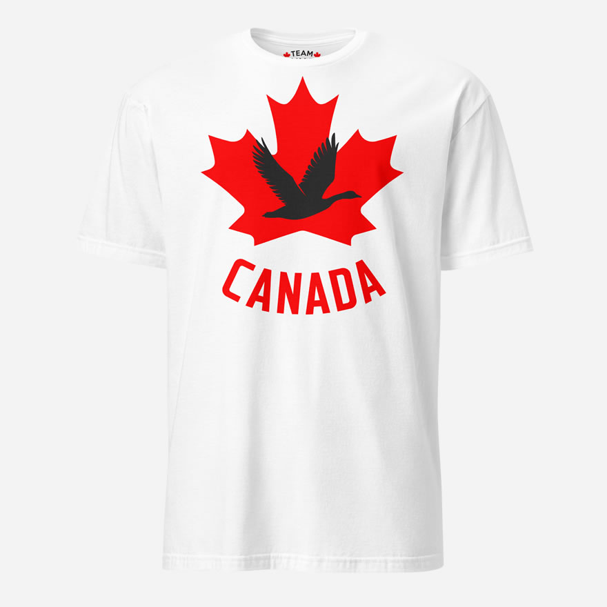 Front of Canada Goose white unisex t-shirt by Team Canada showing maple leaf & goose print with Canada written below.