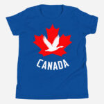 Front of Canada Goose true royal unisex youth staple t-shirt showing maple leaf & goose print. Canada written below.