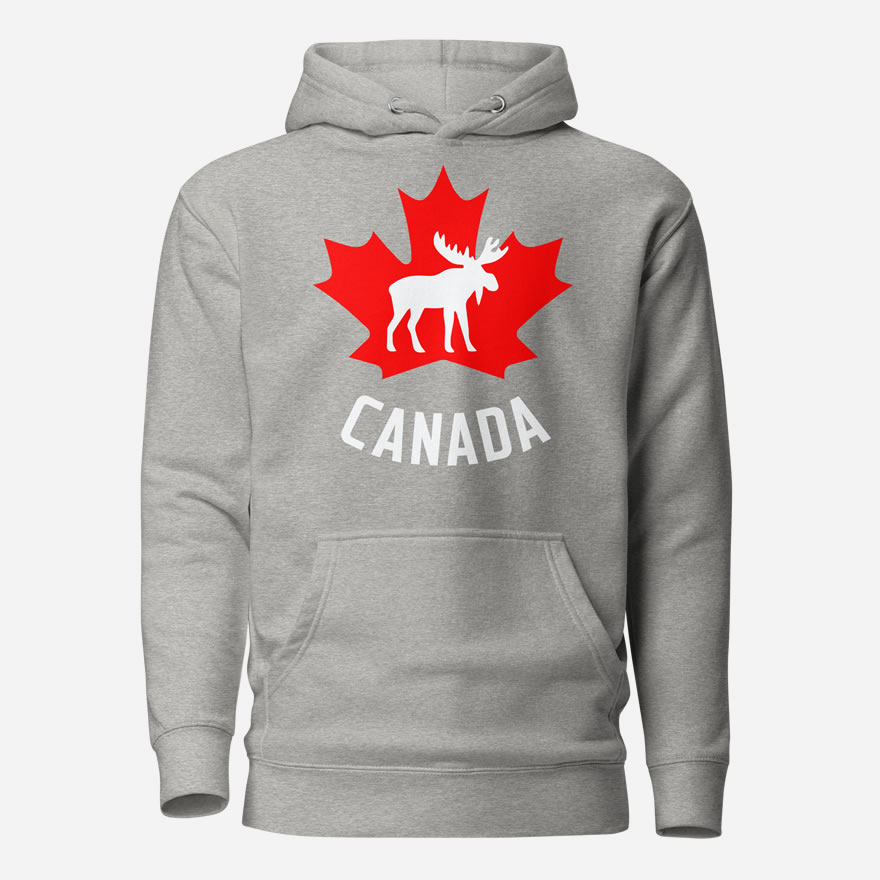 Front of Canada Moose carbon grey unisex premium hoodie showing maple leaf & moose print with Canada written below.