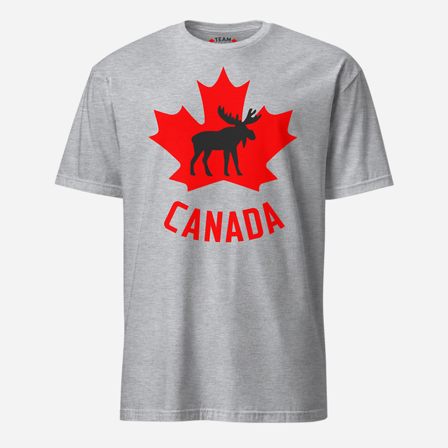 Front of Canada Moose sport grey unisex t-shirt by Team Canada showing maple leaf & moose print with Canada written below.
