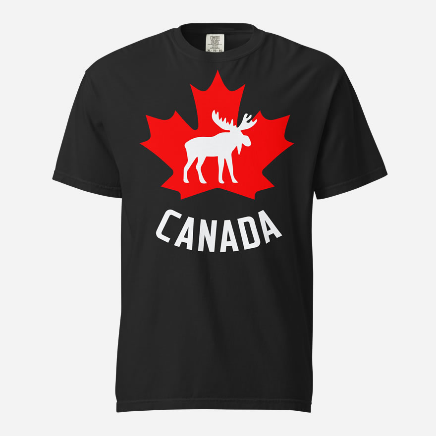Front of Canada Moose black unisex garment-dyed heavyweight t-shirt showing maple leaf & moose print. Canada written below.