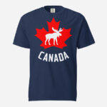 Front of Canada Moose navy unisex heavyweight t-shirt showing maple leaf & moose print. Canada written below.