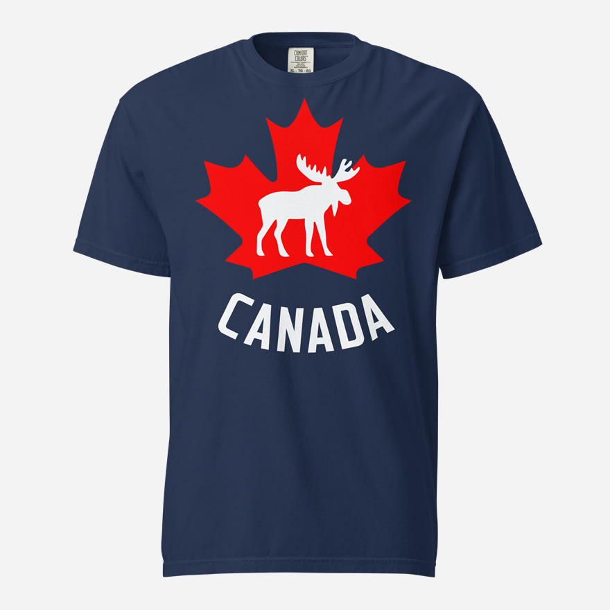 Front of Canada Moose navy unisex heavyweight t-shirt showing maple leaf & moose print. Canada written below.