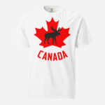 Front of Canada Moose white unisex heavyweight t-shirt showing maple leaf & moose print. Canada written below.