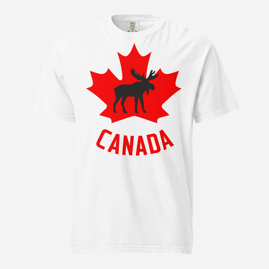 Front of Canada Moose white unisex heavyweight t-shirt showing maple leaf & moose print. Canada written below.