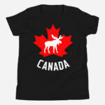 Front of Canada Moose black unisex youth t-shirt by Team Canada showing maple leaf & moose print. Canada written below.