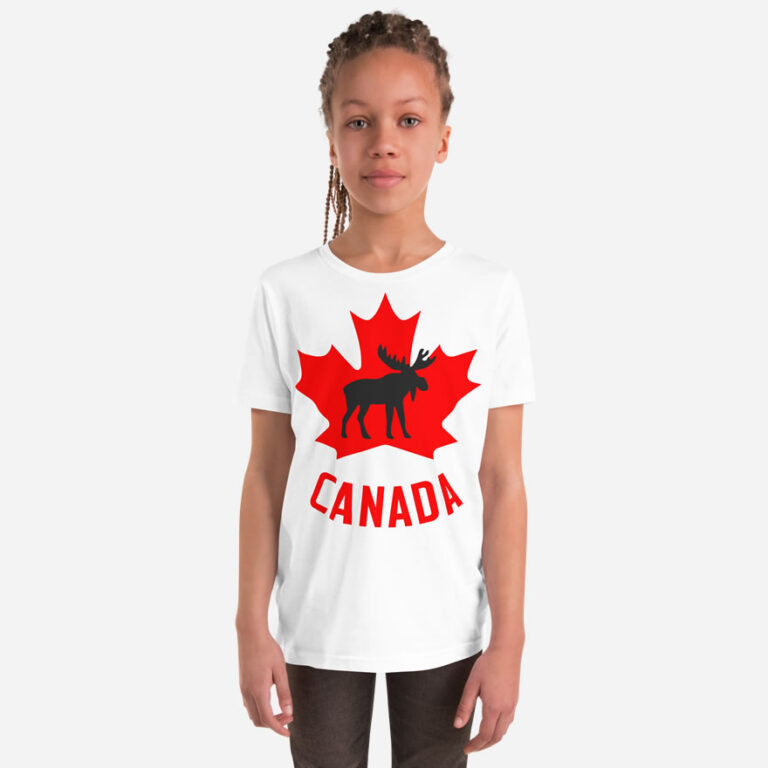 Front of Canada Moose white unisex youth staple t-shirt on girl showing maple leaf & moose print. Canada written below.