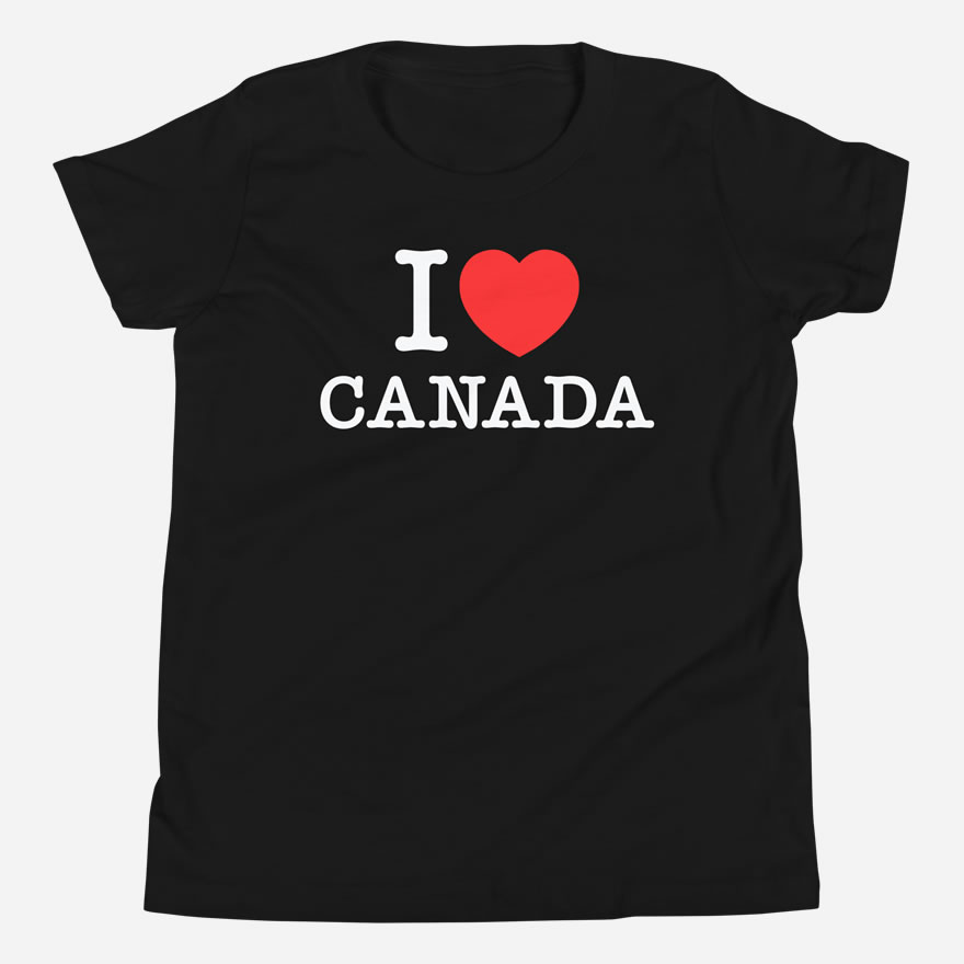 Front of I Love Canada black unisex youth staple t-shirt by Team Canada showing 'I Love (heart) Canada' design.