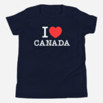 Front of I Love Canada navy unisex youth staple t-shirt by Team Canada showing 'I Love (heart) Canada' design.