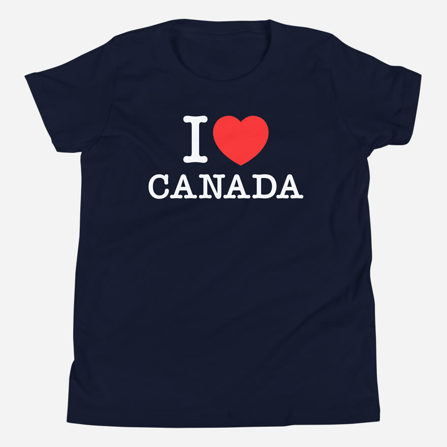 Front of I Love Canada navy unisex youth staple t-shirt by Team Canada showing 'I Love (heart) Canada' design.