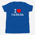 Front of I Love Canada true royal unisex youth staple t-shirt by Team Canada showing 'I Love (heart) Canada' design.
