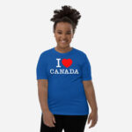Front of I Love Canada true royal unisex youth staple t-shirt on girl model showing 'I Love (heart) Canada' design.