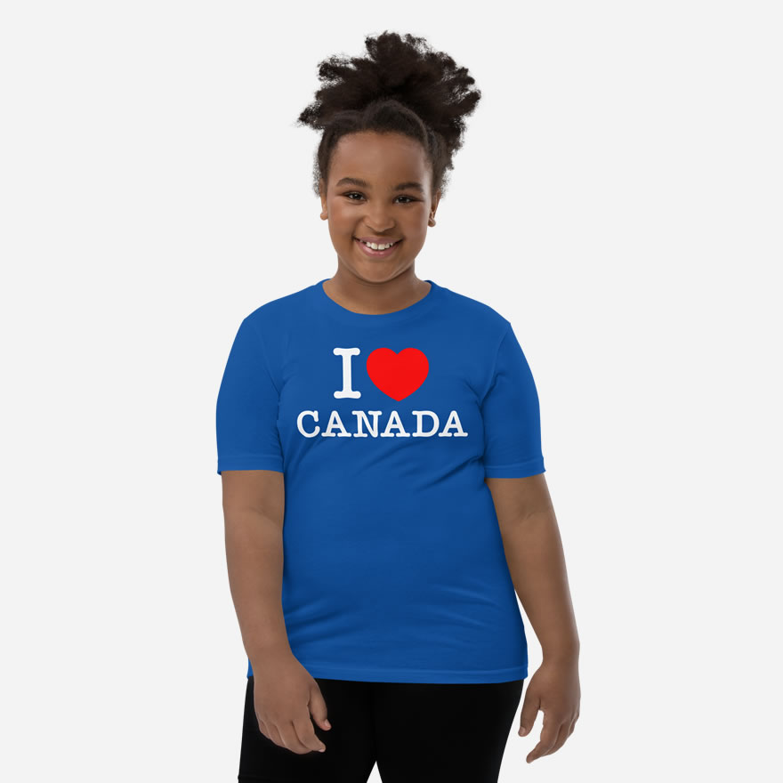 Front of I Love Canada true royal unisex youth staple t-shirt on girl model showing 'I Love (heart) Canada' design.
