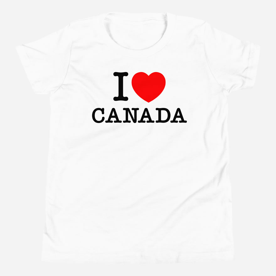 Front of I Love Canada white unisex youth staple t-shirt by Team Canada showing 'I Love (heart) Canada' design.
