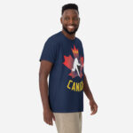 Front of Team Canada Hockey t-shirt true navy unisex heavyweight tee on male. Hockey player on maple leaf. Says Team Canada.