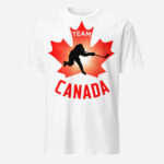Front of Team Canada Hockey t-shirt white unisex tee. Hockey player slap shot figure on red maple leaf. Says Team Canada.