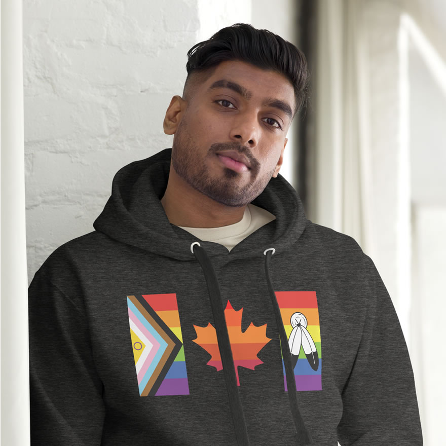 Front of Canada Two-Spirit Intersex-Inclusive Progress Pride Flag hoodie charcoal heather premium sweater on model. Flag has pride stripes for bars and leaf.