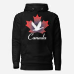 Front of Canada Goose black unisex premium hoodie showing maple leaf & goose print with Canada written below.