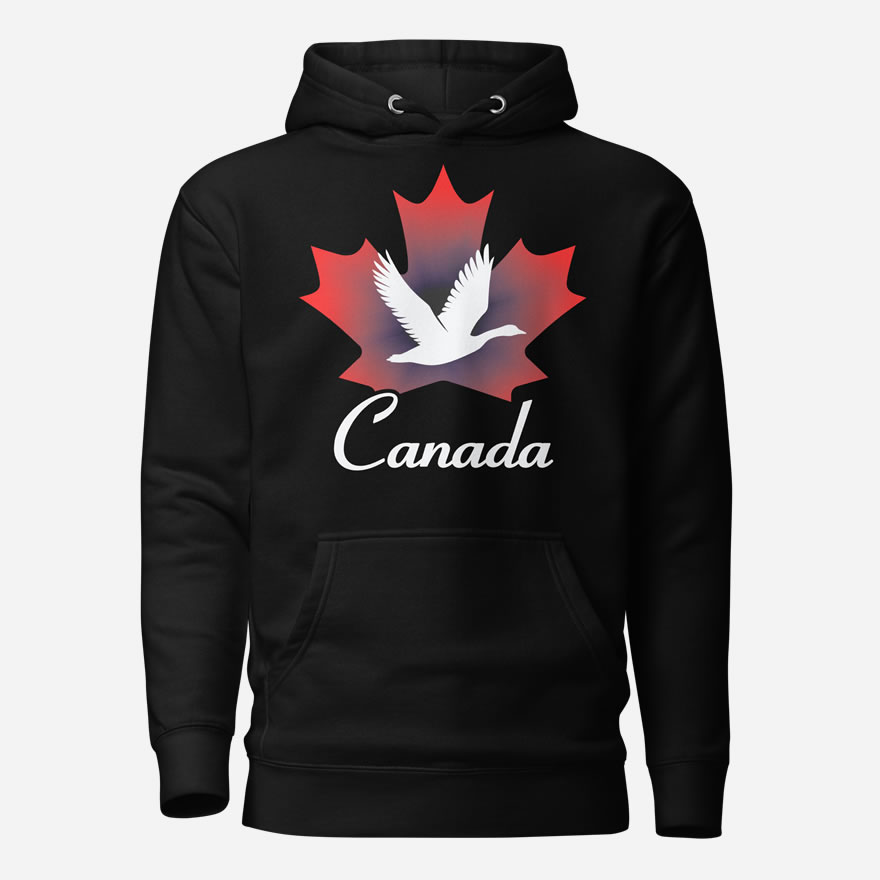 Front of Canada Goose black unisex premium hoodie showing maple leaf & goose print with Canada written below.