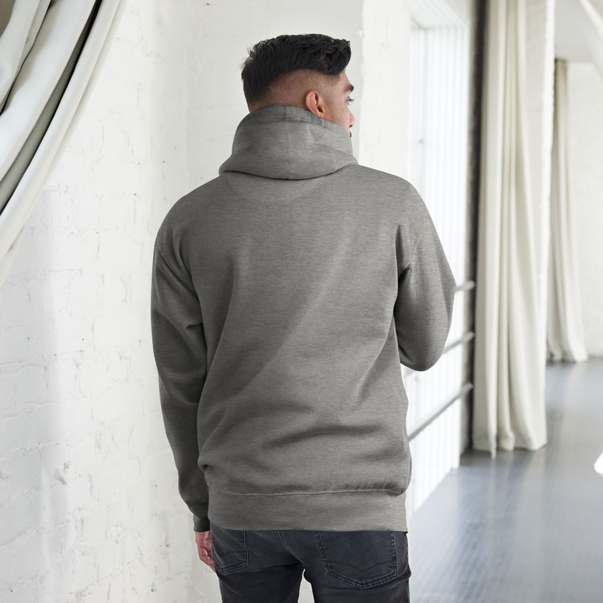 All carbon grey back of Canada Goose unisex premium hoodie by Team Canada on male.