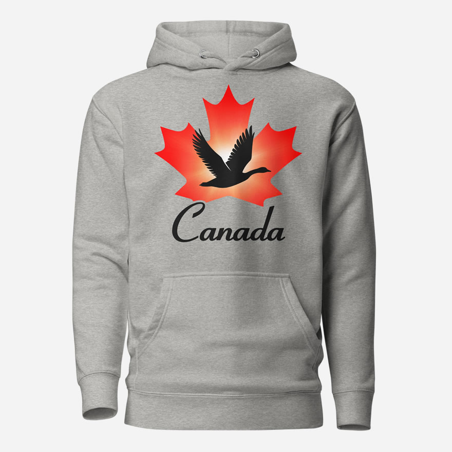 Front of Canada Goose carbon grey unisex premium hoodie showing maple leaf & goose print with Canada written below.