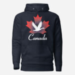 Front of Canada Goose navy blazer unisex premium hoodie showing maple leaf & goose print with Canada written below.