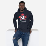 Front of Canada Goose navy blazer unisex premium hoodie on male showing maple leaf & goose print. Canada written below.