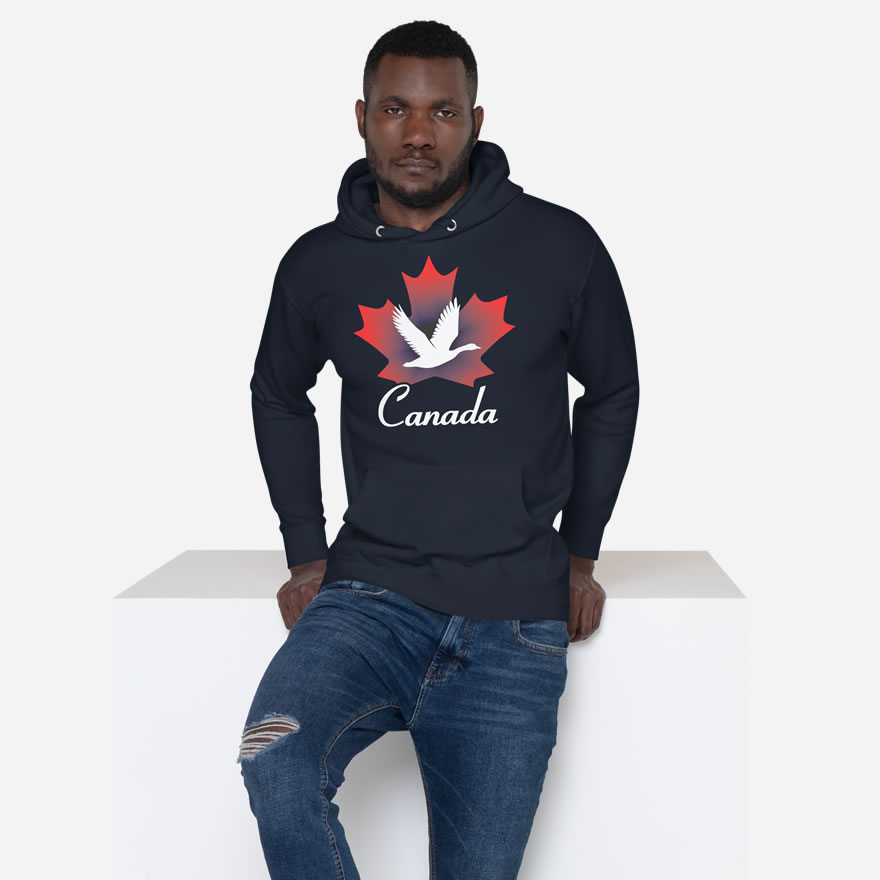 Front of Canada Goose navy blazer unisex premium hoodie on male showing maple leaf & goose print. Canada written below.