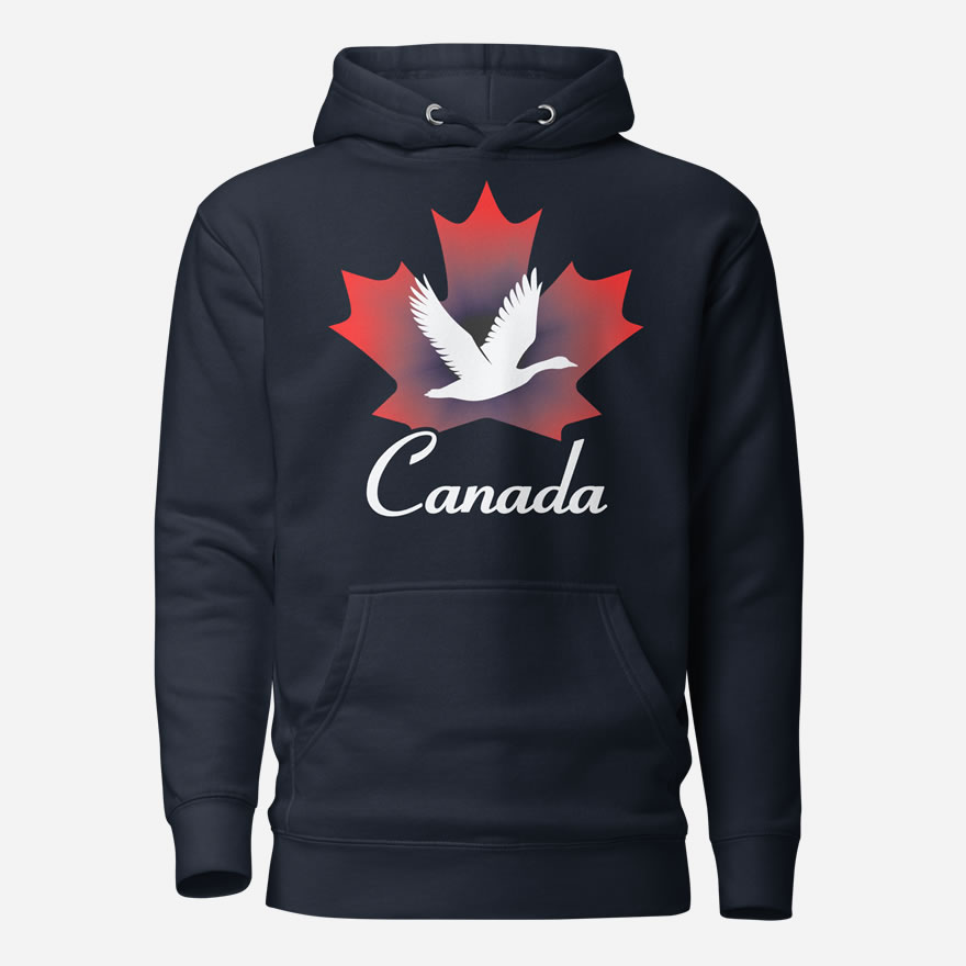 Front of Canada Goose navy blazer unisex premium hoodie showing maple leaf & goose print with Canada written below.