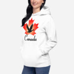 Front of Canada Goose white unisex premium hoodie on female showing maple leaf and goose print. Canada written below.