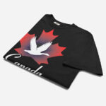 Front of Canada Goose black unisex heavyweight t-shirt folded up with maple leaf & goose print. Canada written below.
