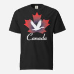Front of Canada Goose black unisex heavyweight t-shirt showing maple leaf & goose print. Canada written below.