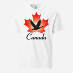 Front of Canada Goose white unisex heavyweight t-shirt showing maple leaf & goose print. Canada written below.