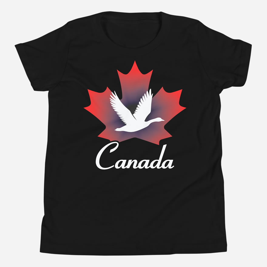 Front of Canada Goose black unisex youth t-shirt by Team Canada showing maple leaf & goose print. Canada written below.